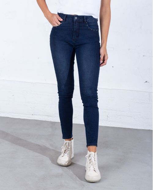 Jean para mujer tono oscuro Skinny tiro alto con taches