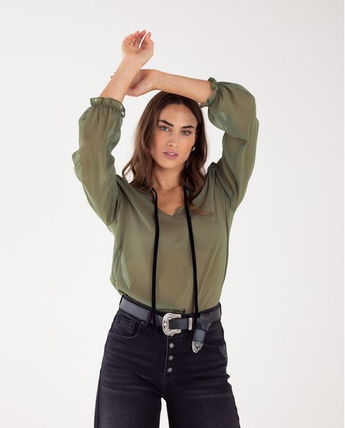 Camisa para mujer verde manga larga semitransparente