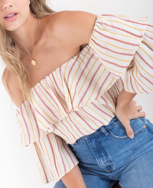 Camisa para mujer cruda manga 3/4 con cuello bandeja y diseño a rayas