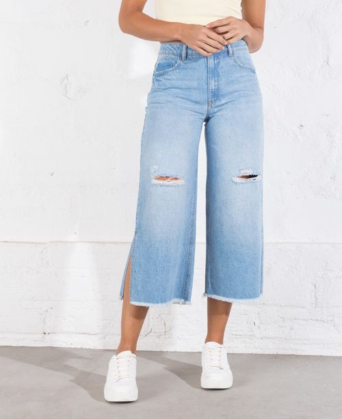 Jean para mujer azul claro Culotte tiro alto con rotos y aberturas laterales