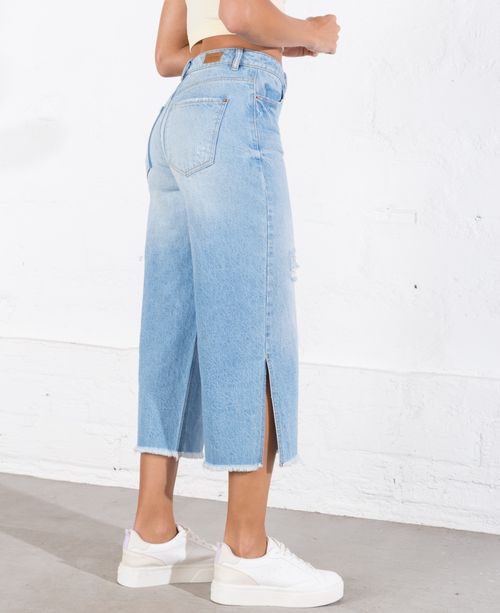 Jean para mujer azul claro Culotte tiro alto con rotos y aberturas laterales