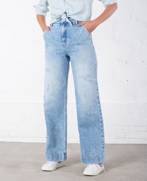 Jean para mujer azul claro Wide Leg Long tiro súper alto con desgastes