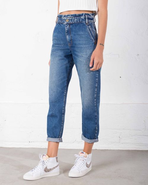 Jean para mujer azul oscuro Baggy tiro súper alto con efecto arrugado