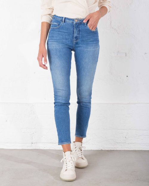 Jean para mujer tono medio claro Push Up tiro alto con cintura bordada