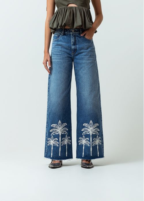 Jean Wide Leg tiro alto con detalles bordados en ruedo