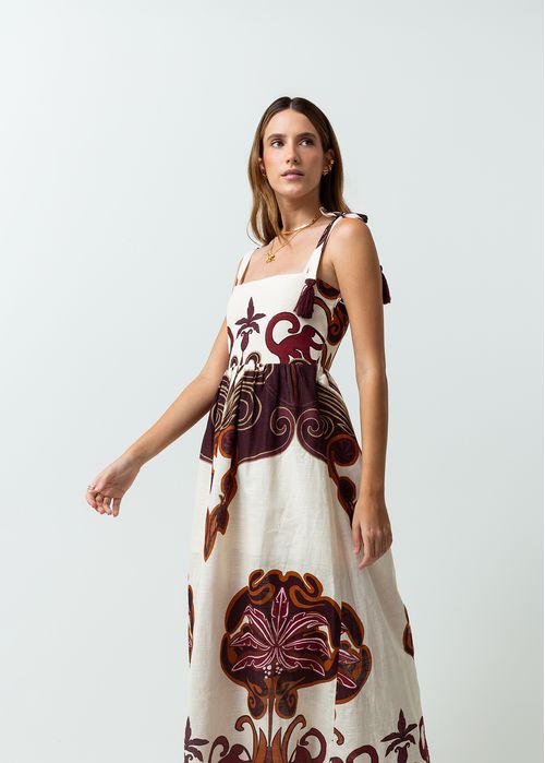 Vestido largo estampado en efecto lino