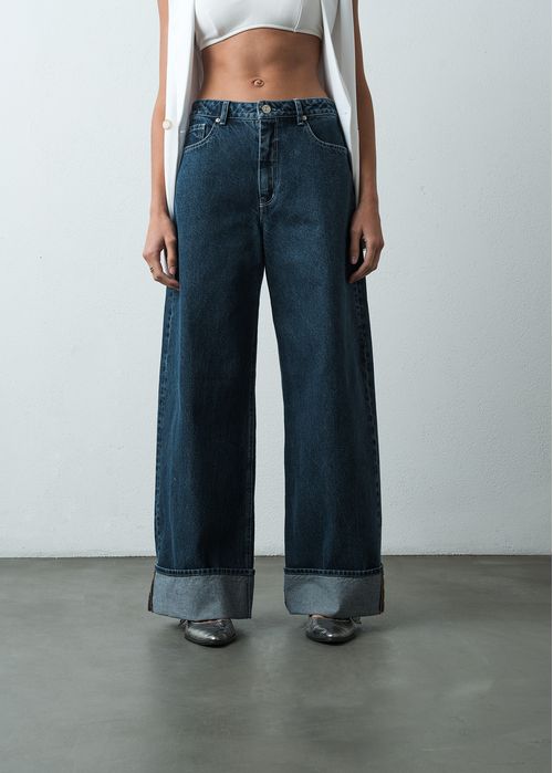 Jean Wide Leg Long tiro alto tono oscuro