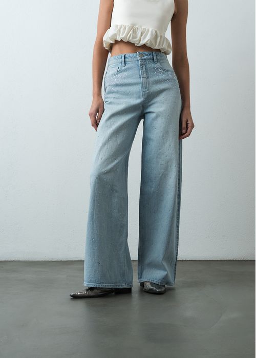 Jean Wide Leg Long tiro alto tono claro