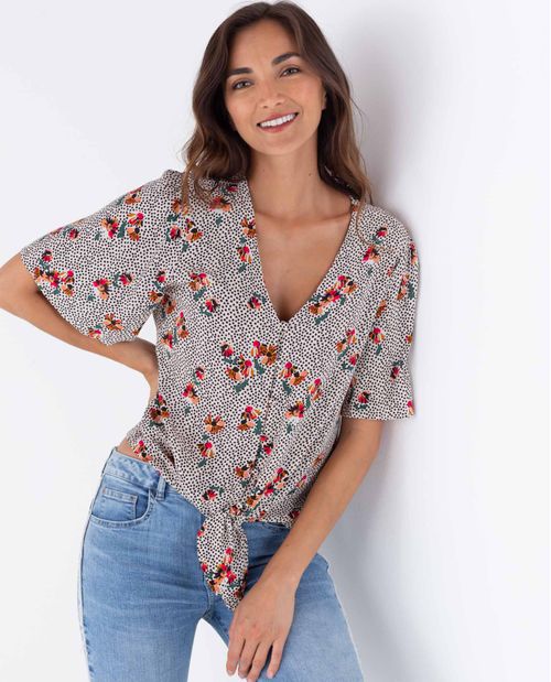 Camisa para mujer manga corta con lunares y estampado floral