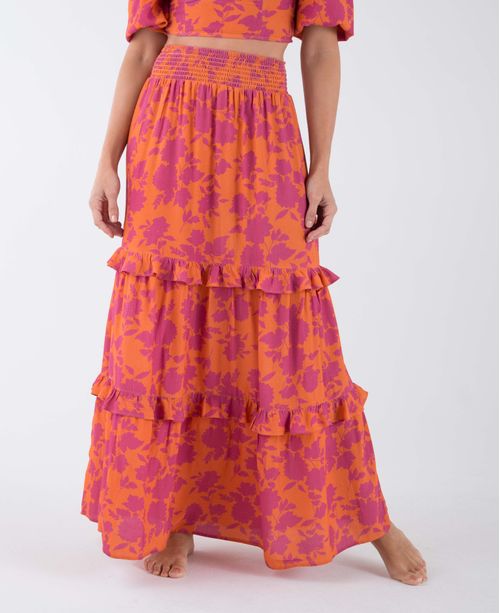 Falda larga para mujer rosa con estampado de flores y cintura nido de abeja