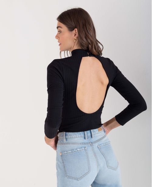 Camiseta para mujer negra manga larga con diseño de canalé y abertura en la espalda