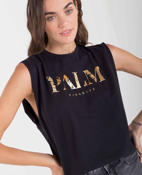 Camiseta para mujer negra manga sisa con estampado metalizado