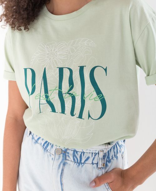 Camiseta para mujer verde manga corta con combinación de estampados