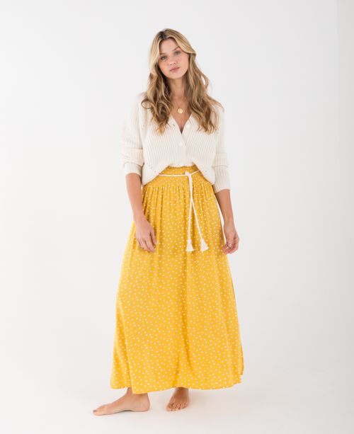 Falda larga para mujer amarilla con cintura elástica y lunares estampados