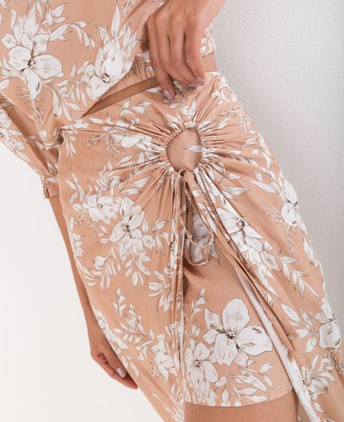 Falda midi para mujer beige con estampado floral y detalle fruncido
